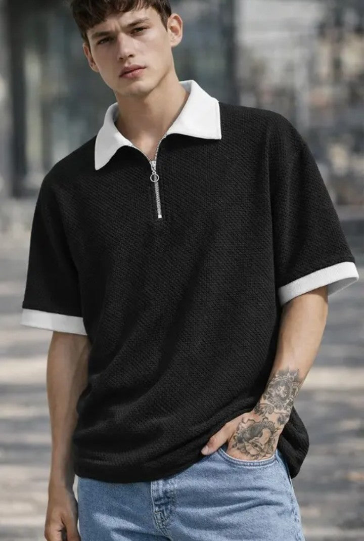 Scatchite Men Black Oversized Zip Neck T- Shirt