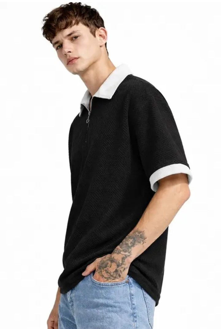 Scatchite Men Black Oversized Zip Neck T- Shirt