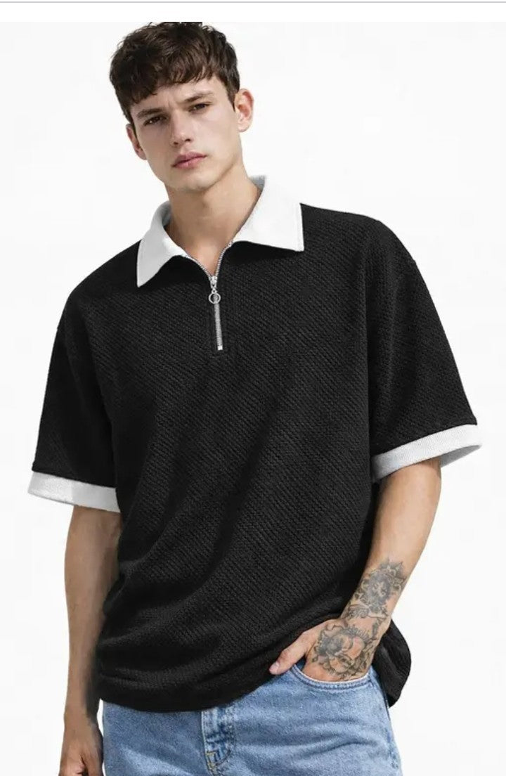 Scatchite Men Black Oversized Zip Neck T- Shirt