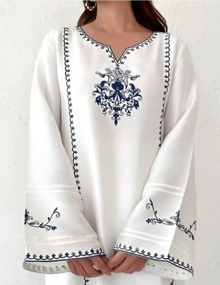Long Sleeve Big size Embroidery type Printed white Kurti