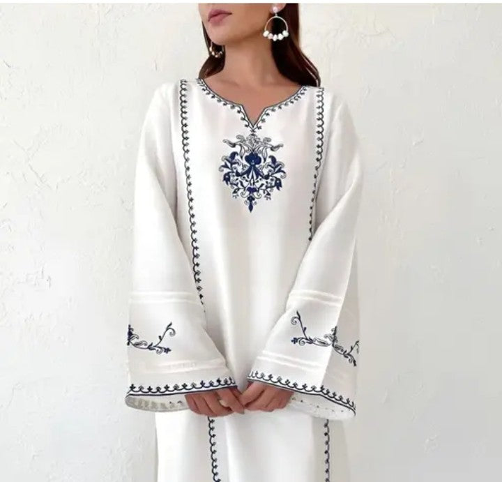 Long Sleeve Big size Embroidery type Printed white Kurti